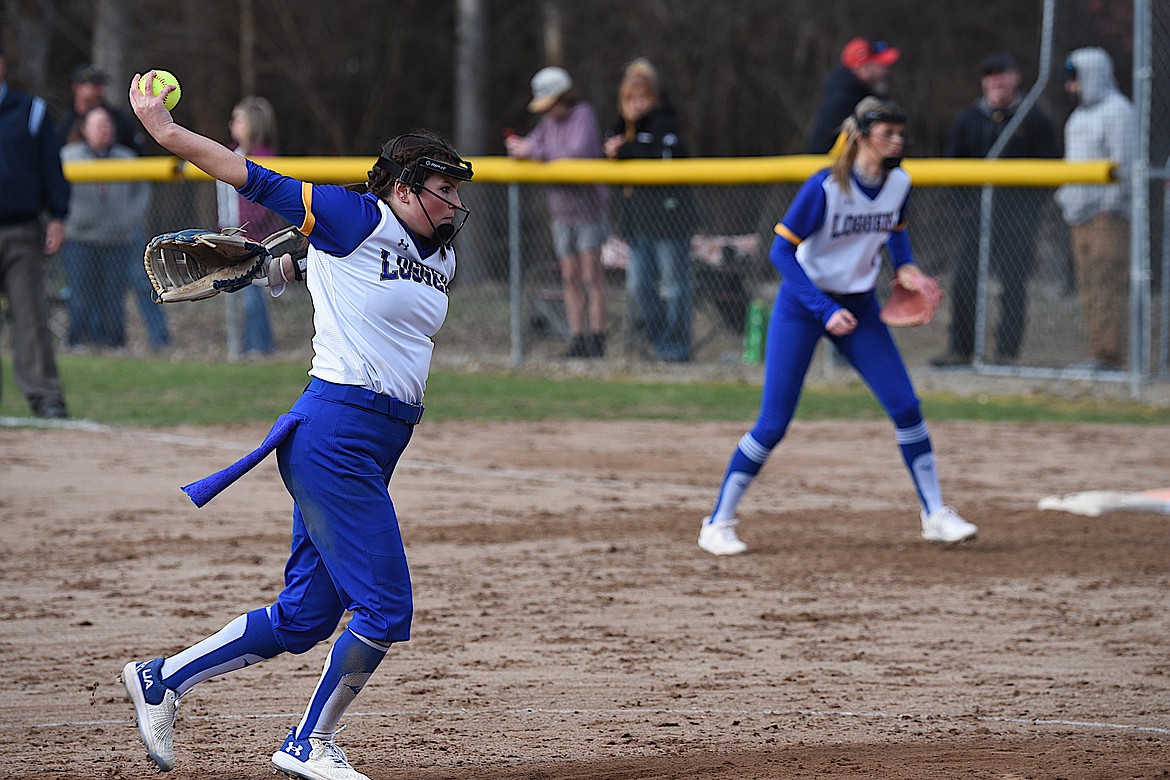 Libby's Paislee MacDonald delivers a pitch on Thursday, March 28, against Eureka at Remp Field in Libby. The Loggers won 12-2 in six innings while MacDonald struck out nine. She also had two hits and two runs batted in. (Scott Shindledecker/The Western News)