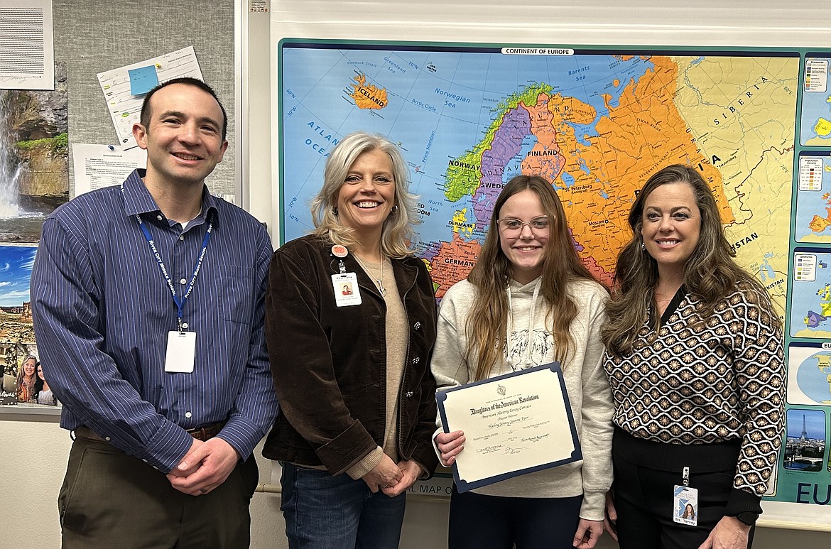 Hailey Jenny-Jeanne Farr of River City Middle School is the seventh grade winner of the Pleasantview Chapter of the Daughters of the American Revolution's American History Essay Contest. From left: Andy Preiss, Trina Caudle, Hailey Jenny-Jeanne Farr and Deb Tierney.