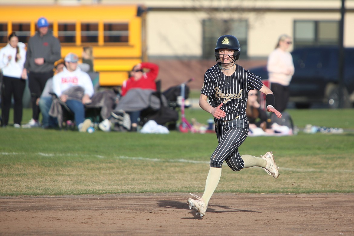 Royal senior Jaya Griffin runs to second base after a hit in the Knight’s game doubleheader Eastmont.