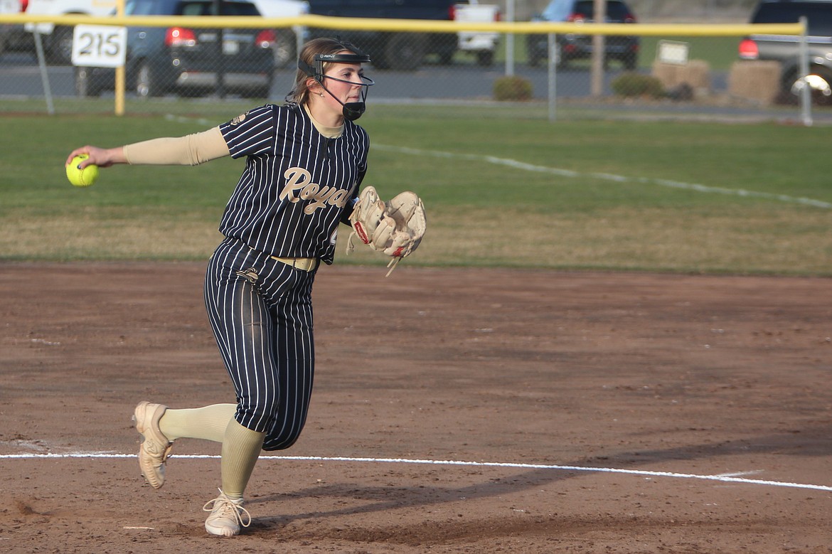 Royal sophomore Jill Allred pitched both games of the doubleheader against Eastmont on Friday. In the first game, Allred pitched all seven innings while surrendering six hits and striking out seven batters.