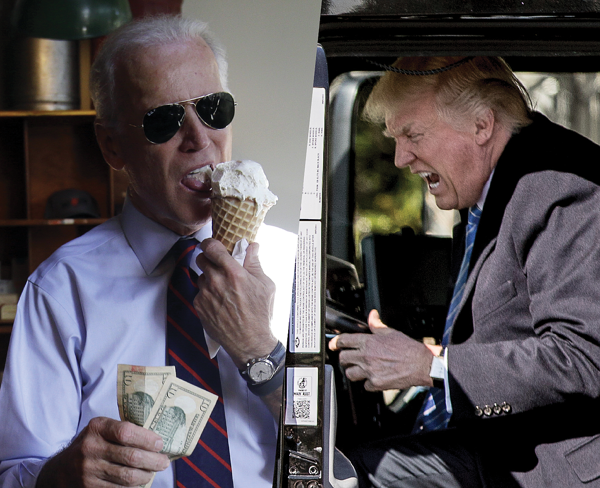 Vice President Joe Biden, left, gets ready to pay for an ice cream cone in Portland, Ore., on Oct. 8, 2014, and President Donald Trump pretends to drive as he gets in an 18-wheeler on the South Lawn of the White House on March 23, 2017, in Washington.