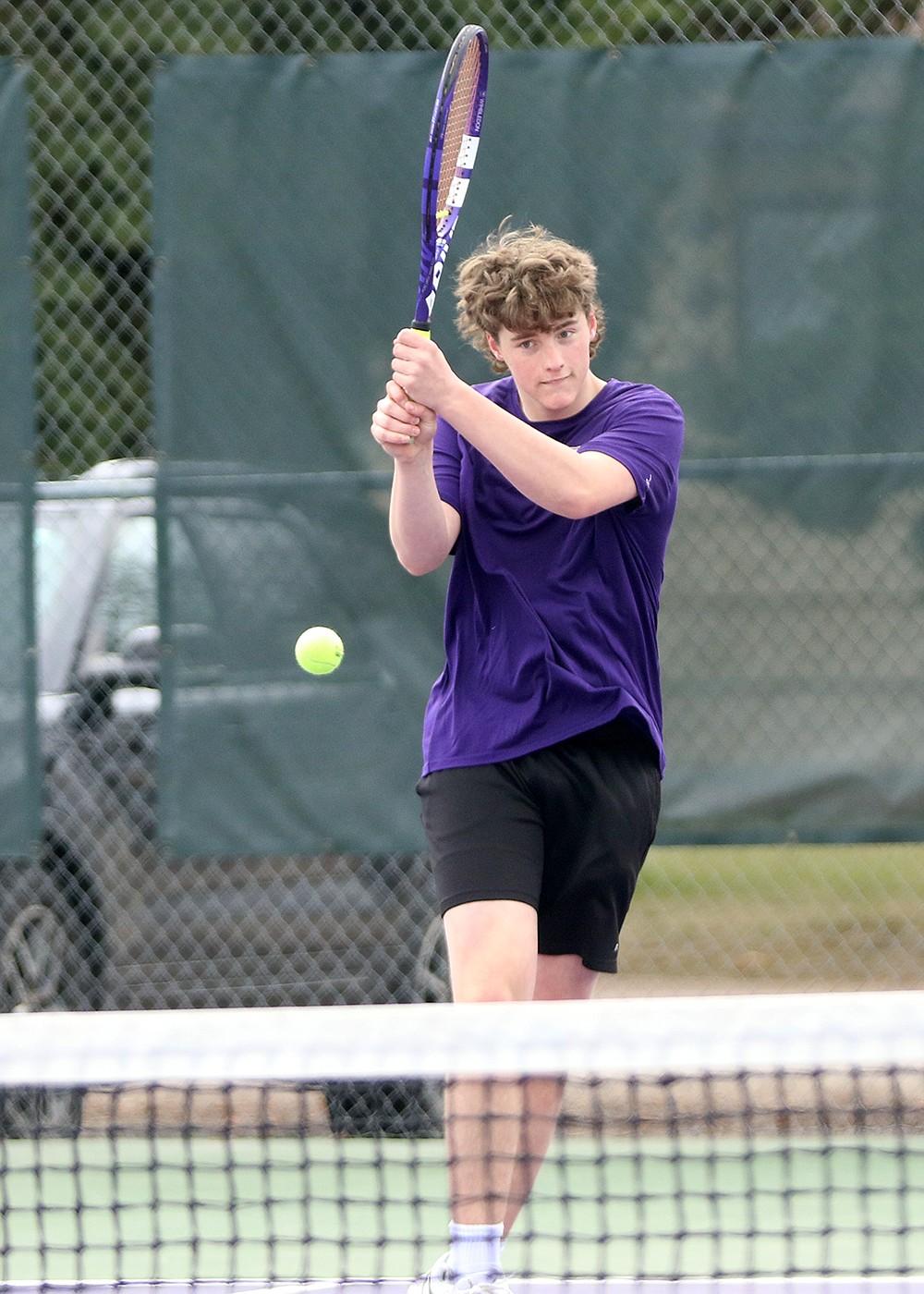 Pirate Taegan Gage returns the ball during a Saturday singles match against Stevensville. (Bob Gunderson photo)