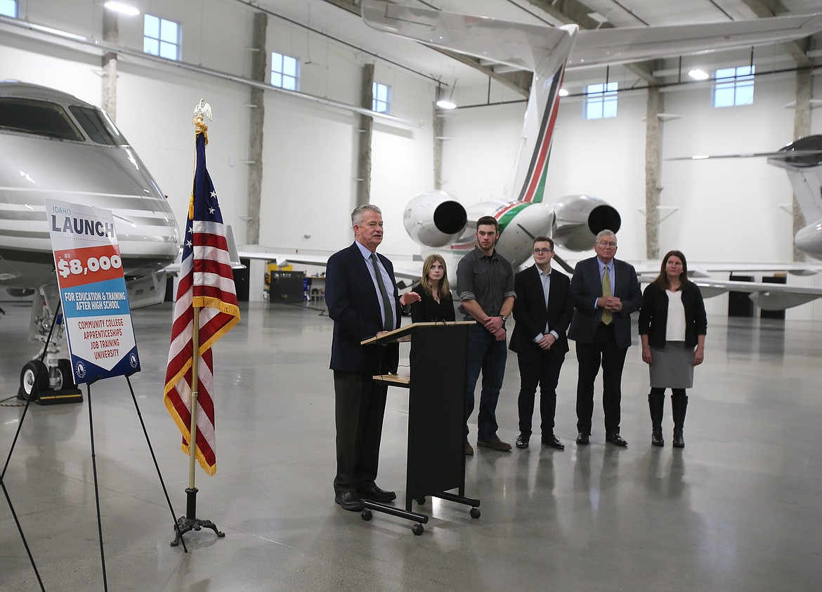 Gov. Brad Little gives a press conference about the Idaho LAUNCH grant program in early January. From left: Little; Timberlake High School seniors Alycia Cameron and Andrew Pettibone; Timberlake college and career counselor Sebastian Kelley; Lt. Gov. Scott Bedke; and Idaho Workforce Development Council Executive Director Wendi Secrist.