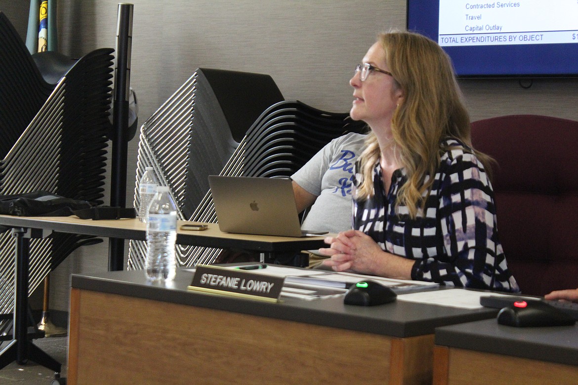 Moses Lake School District Director of Finance Stefanie Lowry reviews the MLSD 2023-24 budget for board members in July 2023. Lowry said in an interview last week that costs have escalated over the school year.