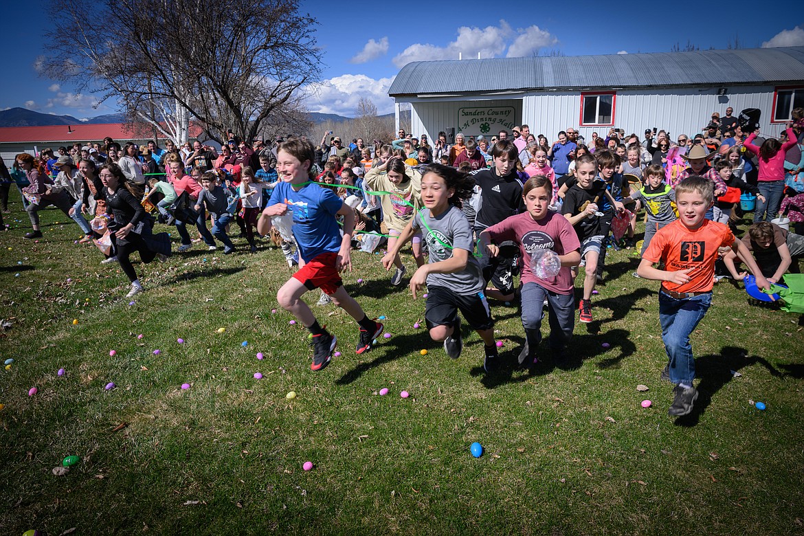 The rush was on Sunday for the 8 to 12 age group at the Plains Easter egg hunt.