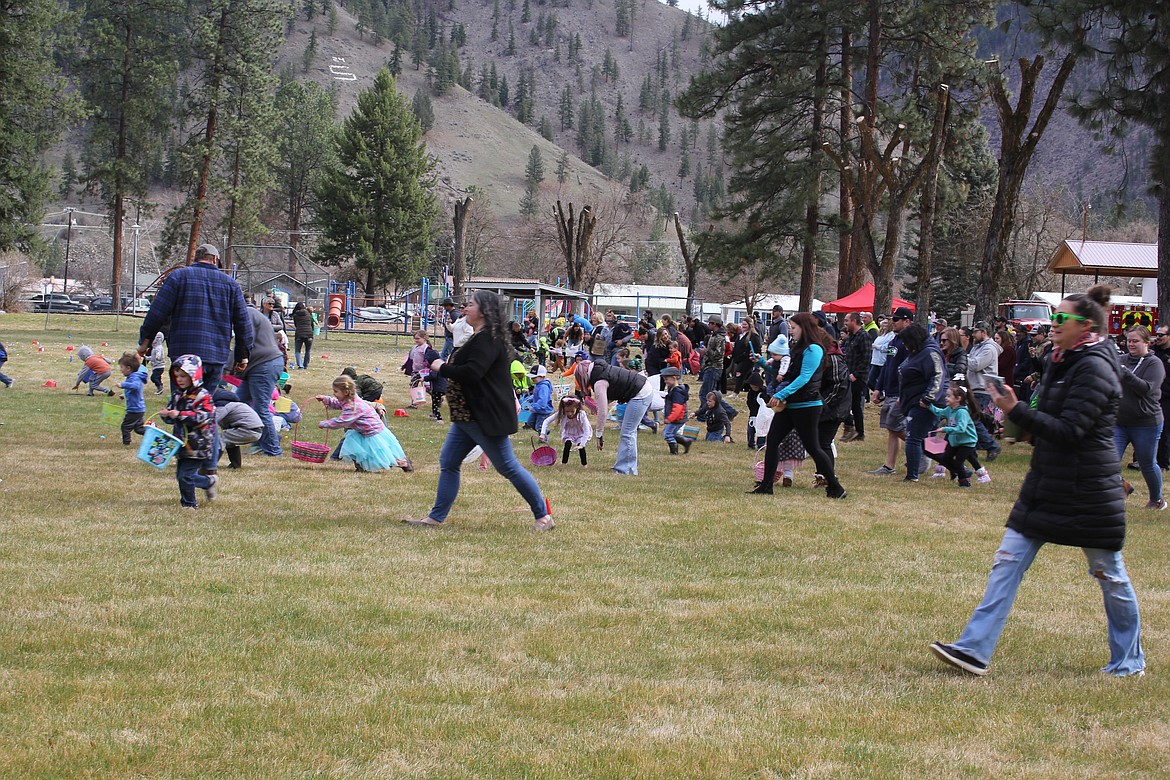 Eva Horning Park in Superior erupted with squeals from hundreds of kids Saturday when the Superior Volunteer Fire Department blasted its air-horn at 11 a.m. to start the annual Easter egg hunt. (Monte Turner/Mineral Independent)