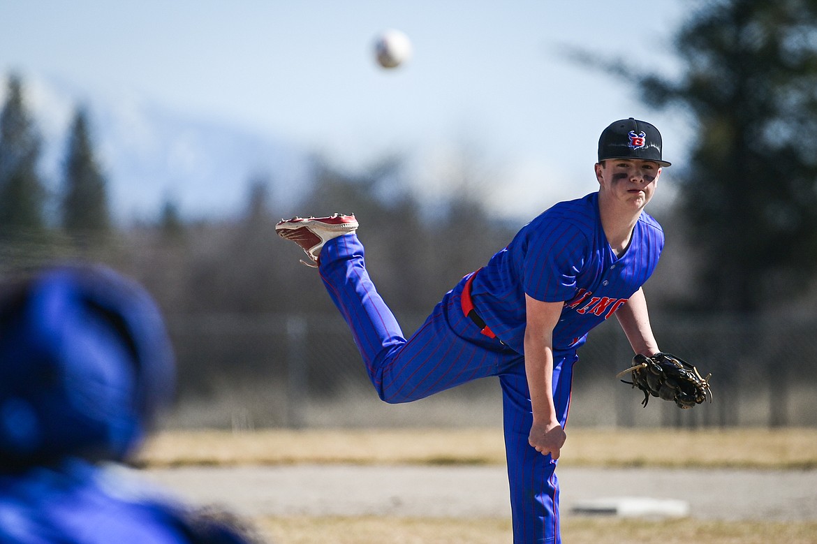 Bigfork starting pitcher Mason Lewis (22) delivers in the third inning against Eureka at ABS Park in Evergreen on Tuesday, April 2. (Casey Kreider/Daily Inter Lake)