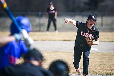 Eureka starting pitcher Tristan Butts (9) delivers in the third inning against Bigfork at ABS Park in Evergreen on Tuesday, April 2. (Casey Kreider/Daily Inter Lake)