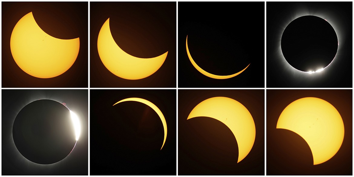 This combination of photos shows the path of the sun during a total eclipse by the moon Monday, Aug. 21, 2017, near Redmond, Ore. On April 8, 2024, spectators who aren't near the path of totality or who get cloudy weather on eclipse day can still catch the total solar eclipse, with NASA, science centers and media organizations planning to stream live coverage online from different locations along the path. (AP Photo/Ted S. Warren, File)