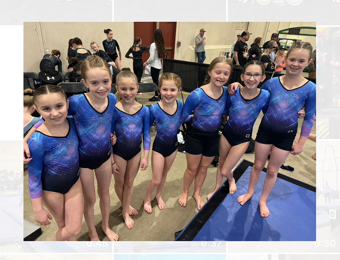 Courtesy photo
GEMS Athletic Center Session 4 Bronze group B at the state Xcel gymnastics championships March 22-24 in Boise. From left are Liliahna Dunton, Finley Rauscher, Kristyn Frank, Lauren Inglehart, Raelyn Hazen, Ellie Hill, and Lily Fulton.