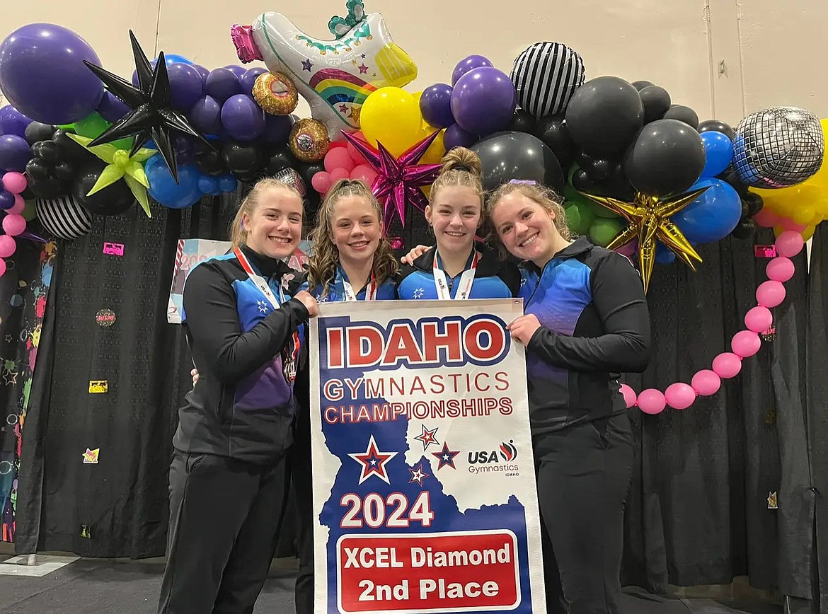 Courtesy photo
GEMS Athletic Center Diamond team Session 1 at the state Xcel gymnastics championships March 22-24 in Boise. From left are Evyn Lyon, Evelyn Oswell, Kylie Burg and Dakota Caudle.