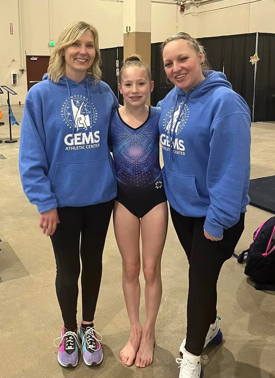 Courtesy photo
GEMS Athletic Center Gold Session 6 at the state Xcel gymnastics championships March 22-24 in Boise. From left are coach Meloney Butcher, Carsyn Horsley and coach Ashley Ferguson.