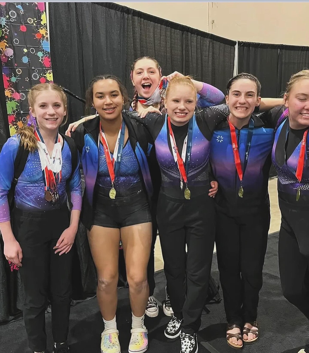 Courtesy photo
GEMS Athletic Center Platinum team Session 2 at the state Xcel gymnastics championships March 22-24 in Boise. From left are Macee Caudle, Shariece Vandever, Laina Busicchia, Izzy McCalin, Ariel Fahey and Riley Walton.