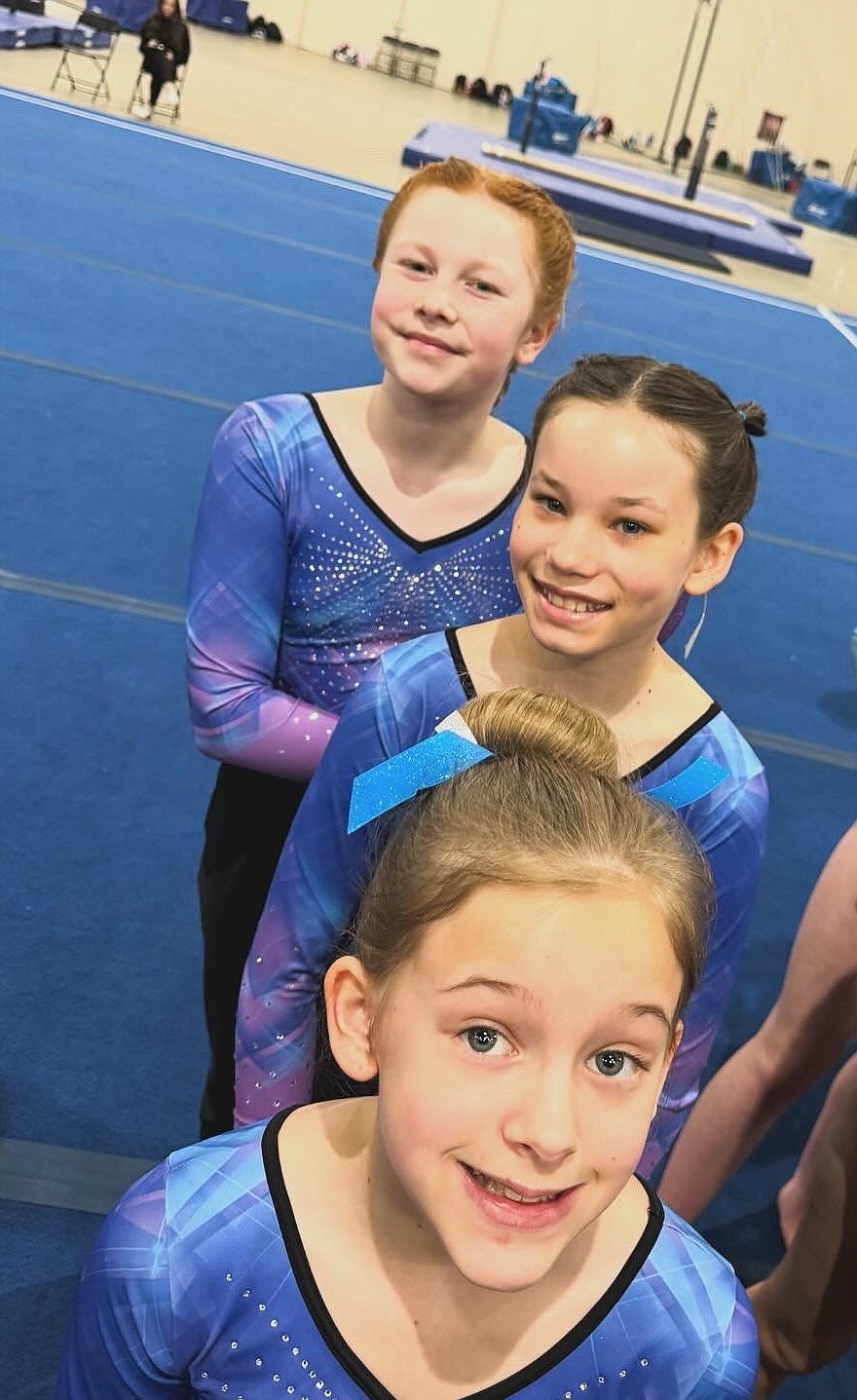 Courtesy photo
GEMS Athletic Center Silver Session 4 at the state Xcel gymnastics championships March 22-24 in Boise. From front to back are Riley Krebs, Kalea Pham and Emma Linder.
