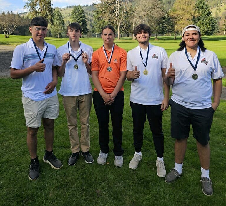 PLUMMER/WORLEY SCHOOL DISTRICT
The Lakeside High boys golf team won the team title at the Orofino Invitational on Tuesday at the Orofino Golf Course. From left are Tyson Charley, Brutis SiJohn, Beau Jones, Liam Hendrickx and Tsones Nomee.