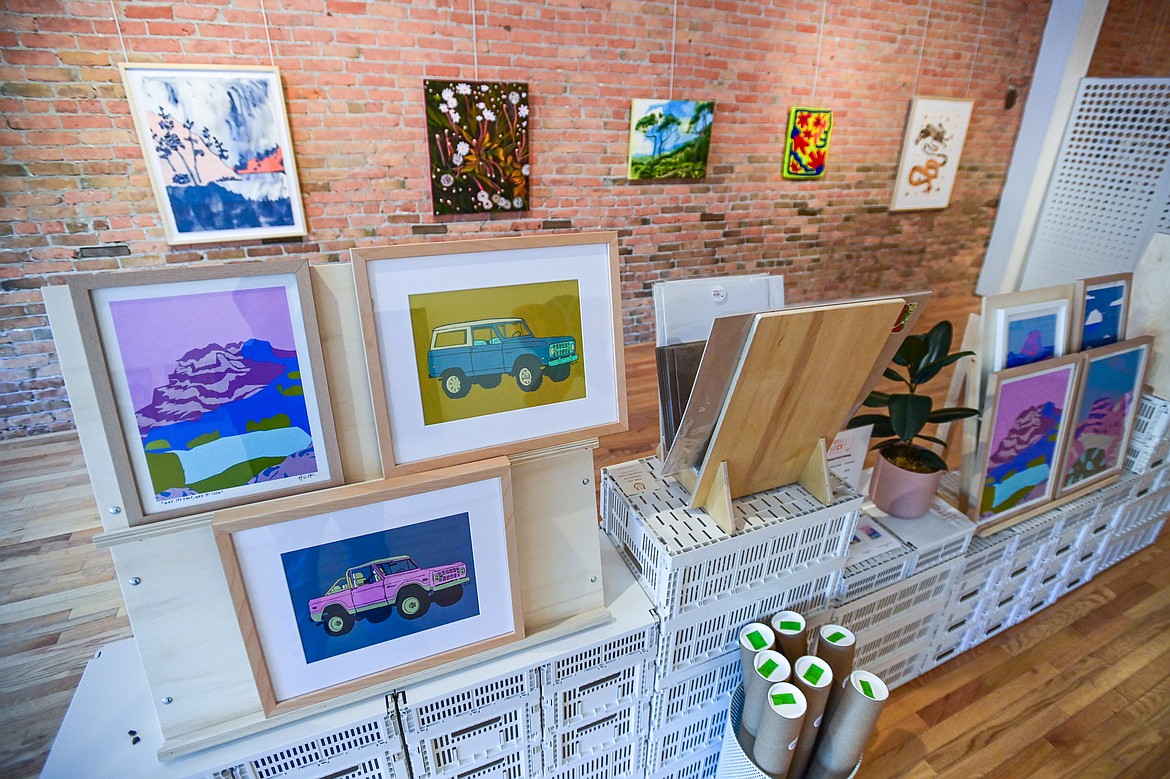 Pieces by artist and gallery owner Tessa Heck, foreground, among the works of other artists featured in the Bloom one year anniversary exhibition at Good Luck Gallery in Kalispell on Wednesday, April 3. (Casey Kreider/Daily Inter Lake)