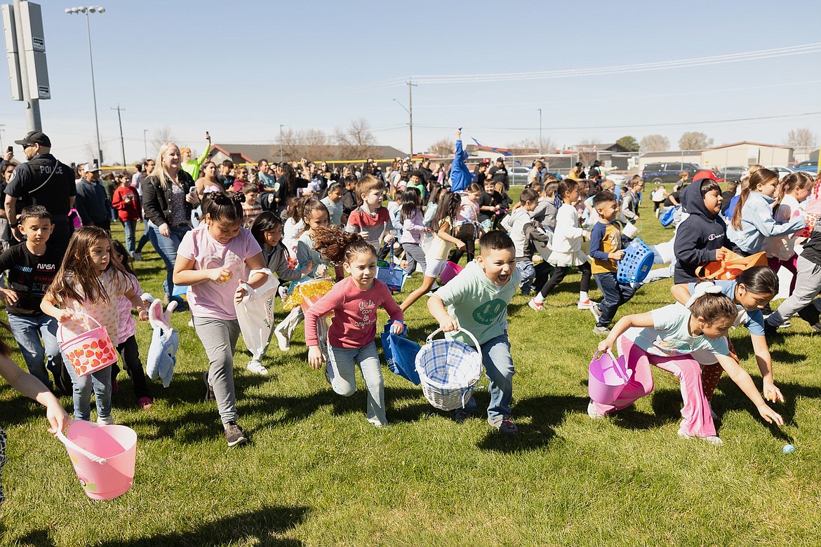 Children race to fill their Easter egg baskets during the egg hunt event Saturday afternoon at Othello’s Lions Park.