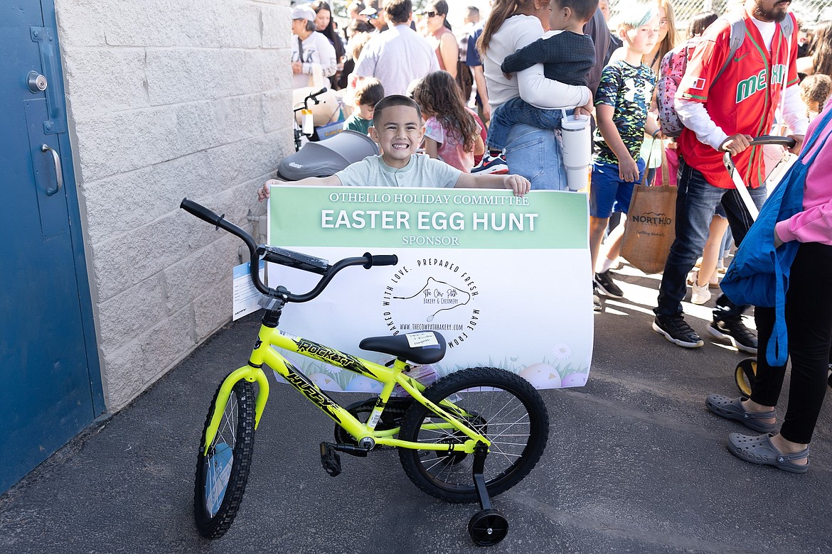 Saturday’s Easter Egg Hunt at Lions Park in Othello included prizes for the young egg hunters, ranging from about 40 easter baskets to bikes donated by local organizations, such as one donated by the Cow Path Bakery, pictured.