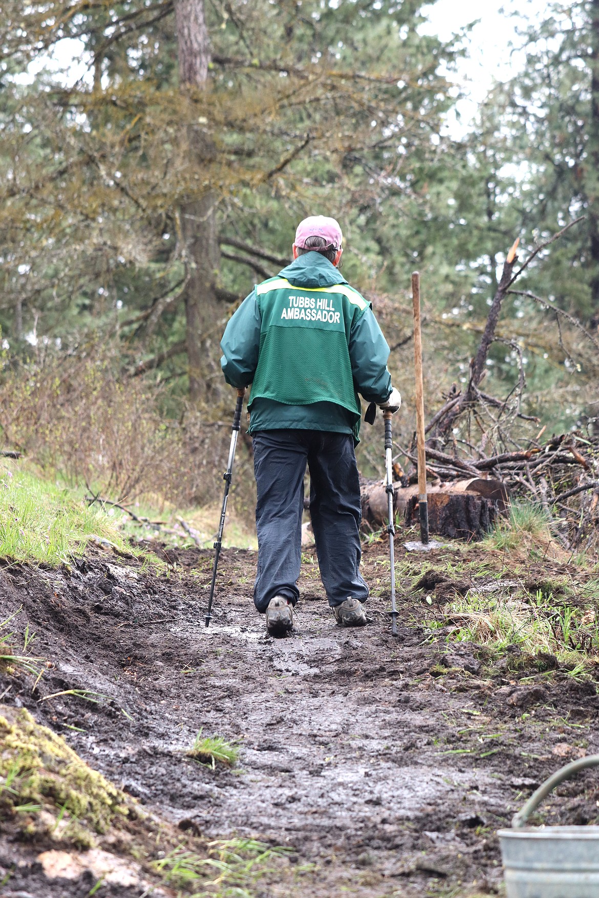 Mary Duffy makes her way up a section of a Tubbs Hills being worked on by volunteers on Friday.