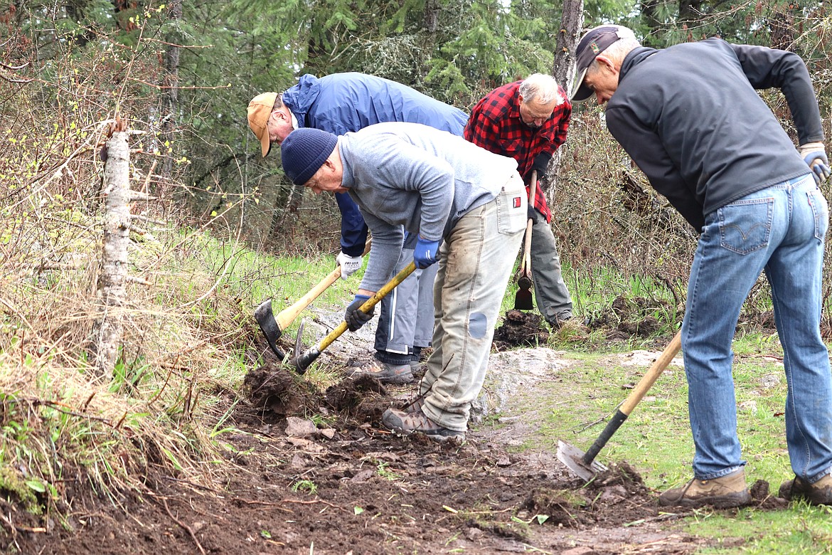 Volunteers clear a stretch for a connector trail on Tubbs Hill on Friday. From left are Ralph Brandvold, Richard Gerhard, Ken Roberge and Jon Ingalls.