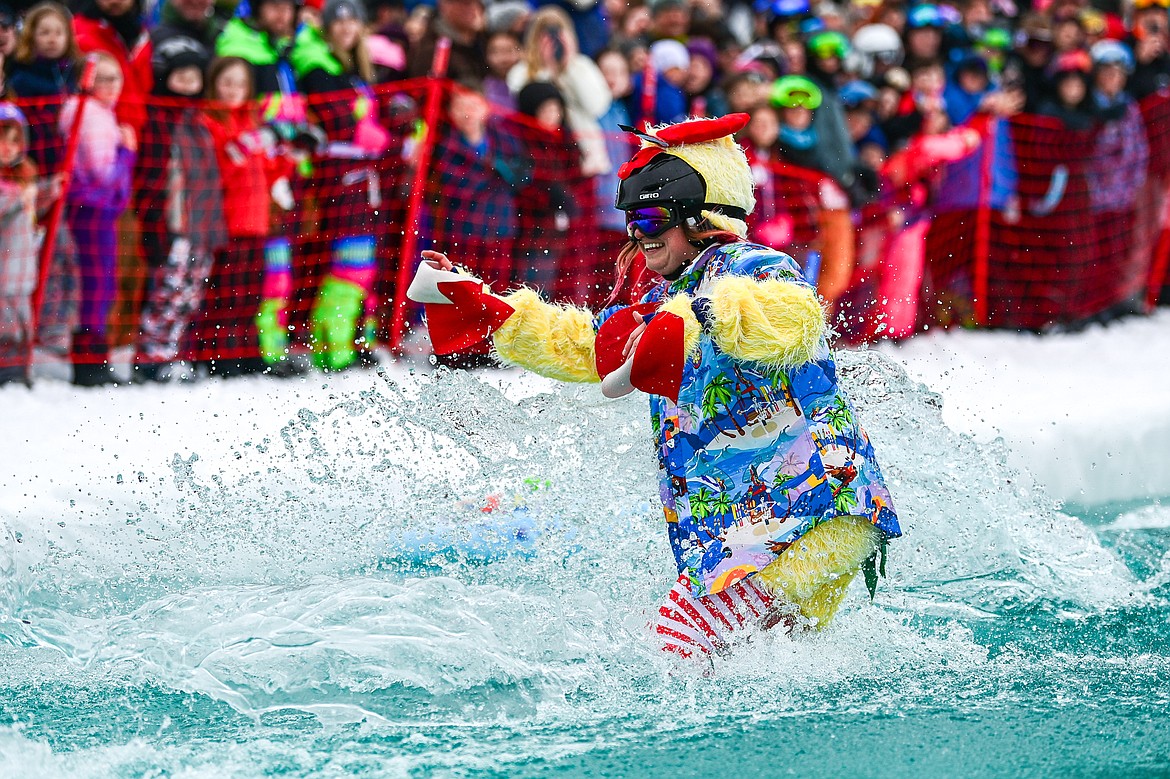 A participant comes up short during the pond skim at Whitefish Mountain Resort on Saturday, April 6. (Casey Kreider/Daily Inter Lake)