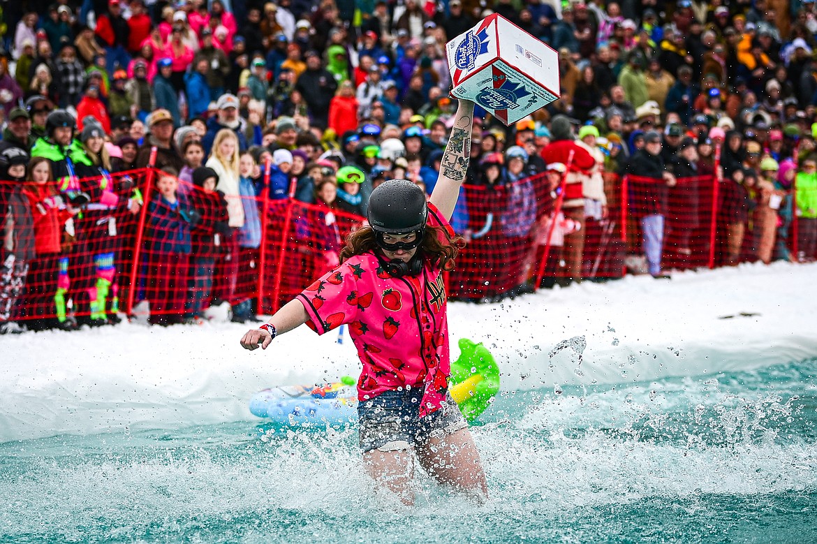 A participant comes up short during the pond skim at Whitefish Mountain Resort on Saturday, April 6. (Casey Kreider/Daily Inter Lake)