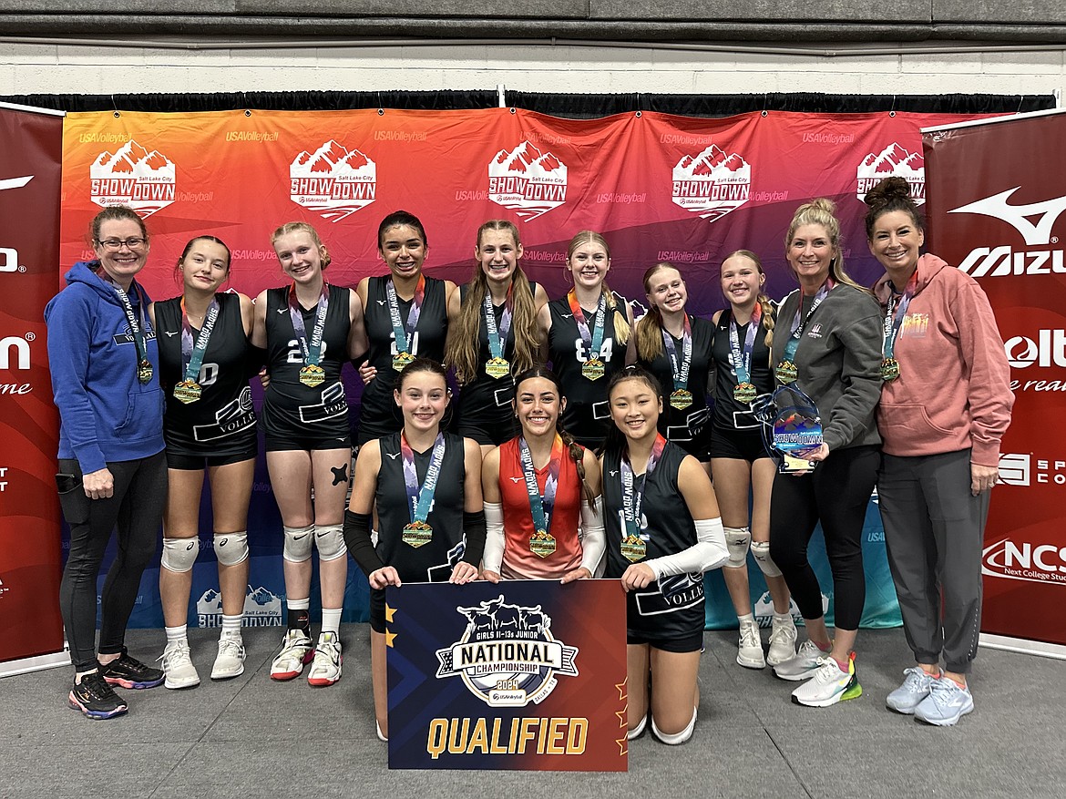 Courtesy photo
208 Volleyball U13 Elite took first in the American Division at the Salt Lake City Showdown this past weekend, earning a bid to the USAV National Championships in Dallas, Texas. In the front row from left are Gretah Angle, Jade Laos and Sonia-rei Fong; and back row from left, coach Amber Powell, Ella Jeanselme, Peyton Barclift, Ellie Fangman, Everlee Powell, Texanna Schlechte, Ella Yrjana, Danica Pratt, head coach Jessica Trevena and coach Janell Gardner.