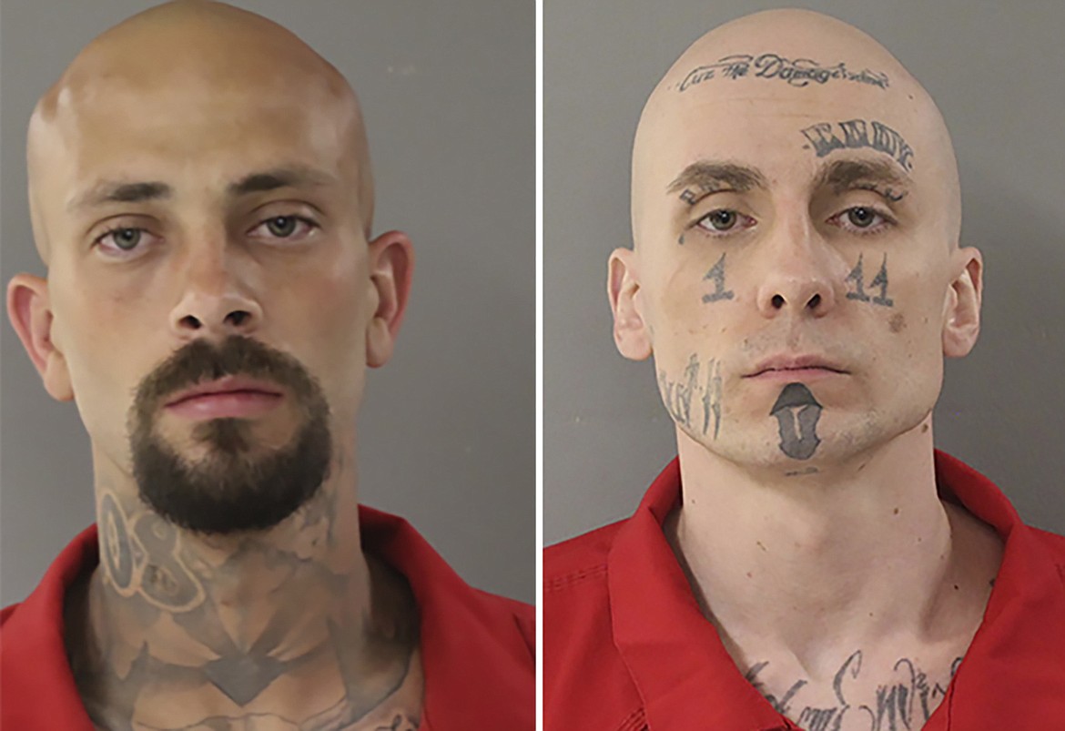 This photo combo provided by Twin Falls County Sheriff's Office in Idaho shows from left, Nicholas Umphenour and Skylar Meade. Meade and Umphenour, suspects in an attack on corrections officers at a Boise, Idaho, hospital are due in court for a preliminary hearing Monday, April 8, 2024. (Twin Falls County Sheriff's Office via AP)