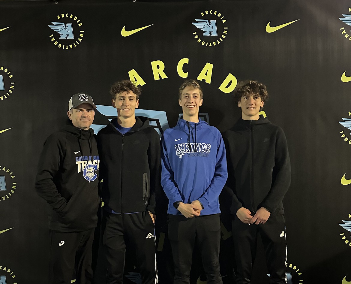 Courtesy photo
Three Coeur d'Alene High distance runners qualified to attend the 2024 Arcadia Invitational in Arcadia, Calif., on April 5-6. A record 692 high schools had athletes qualify for track and field events throughout the United States. In the 3,200 meters (Open Section 1), Zack Cervi-Skinner placed 15th with a time of 9:17.49, and Jacob King placed 23rd with a time of 9:25.24; in the mile run (Open), Zack Cervi-Skinner placed 48th with a time of 4:24.95; and in the 3,200 meters (seeded), Max Cervi-Skinner placed 25th with a time of 9:05.65 (setting a CHS school record). Pictured from left are Coeur d'Alene distance coach Emry Carr, Max Cervi-Skinner, Jacob King and Zack Cervi-Skinner.