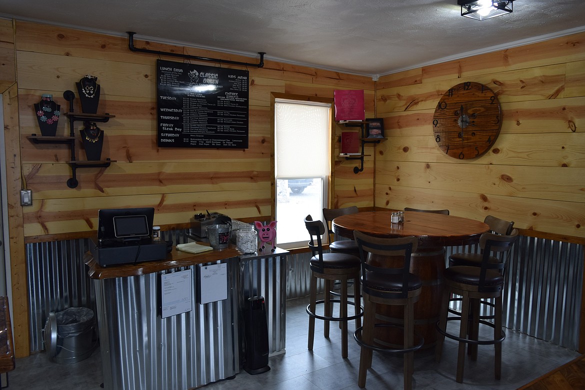 Interior of Classic Grill’n café, including a round table that will eventually be used along with other similar tables to seat 48 to 50 people on the restaurant’s outside patio, according to co-owner Tim Fought.