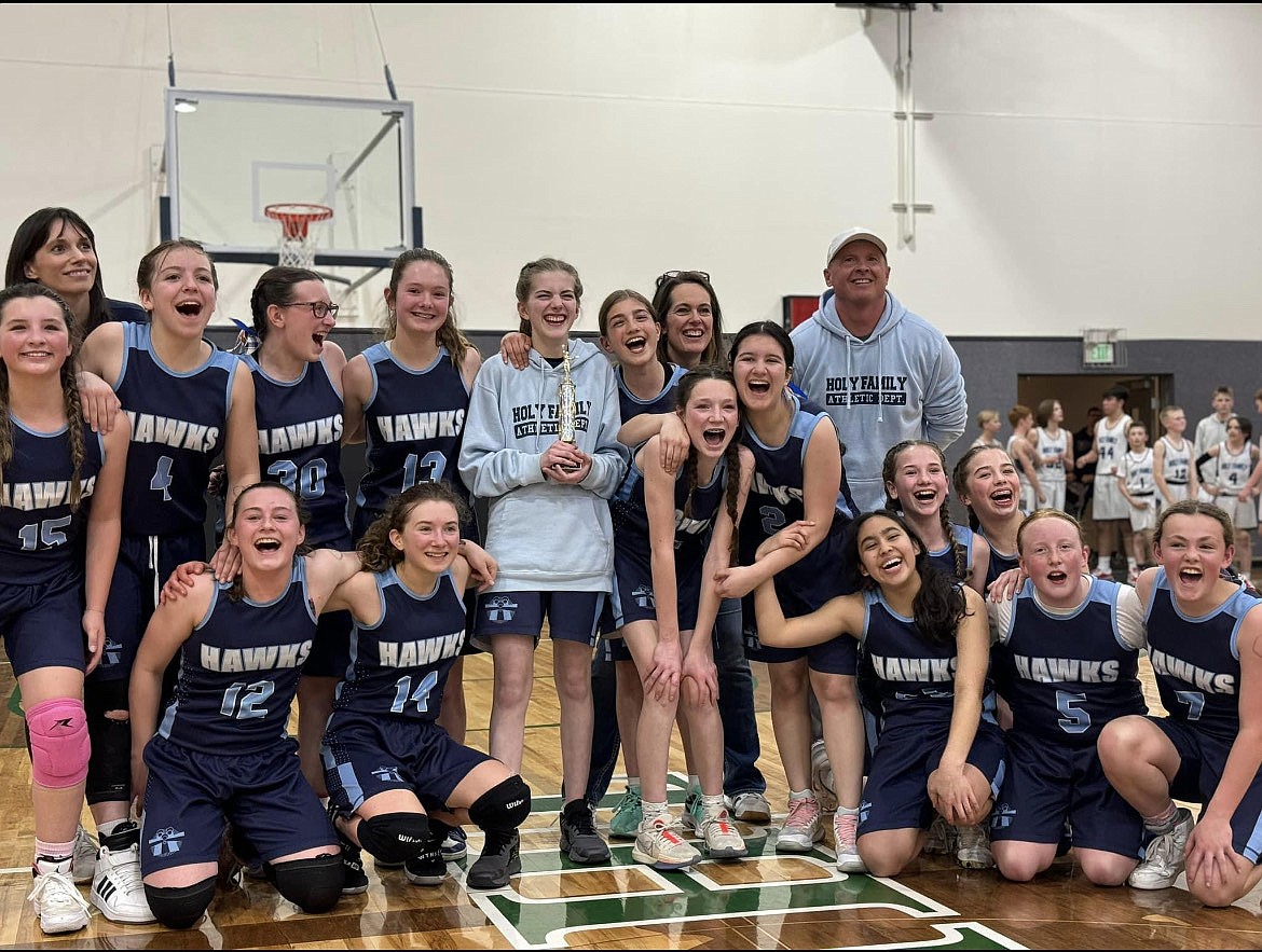 Courtesy photo
The Holy Family Catholic School middle school (grade 6-8) girls basketball team took place at the Mountain Christian League Tournament at The Oaks in Spokane Valley. In the front row from left are Ollie Dudley, Sadie Franz, Aranie Barragan, Emily Murphy, Violet Oberholzer, Mary Kate Doree and Ava Langer; and back row from left, Scarlet Oberholzer, coach Jessica Franz, Faith McAllister, Colette Kolobow, Lily Alberton, Mariah Lowman, Isabel Cefola, coach Keely Lowman, Audrey McMahon, Harleen Singh-Hernandez and coach Todd Turner.