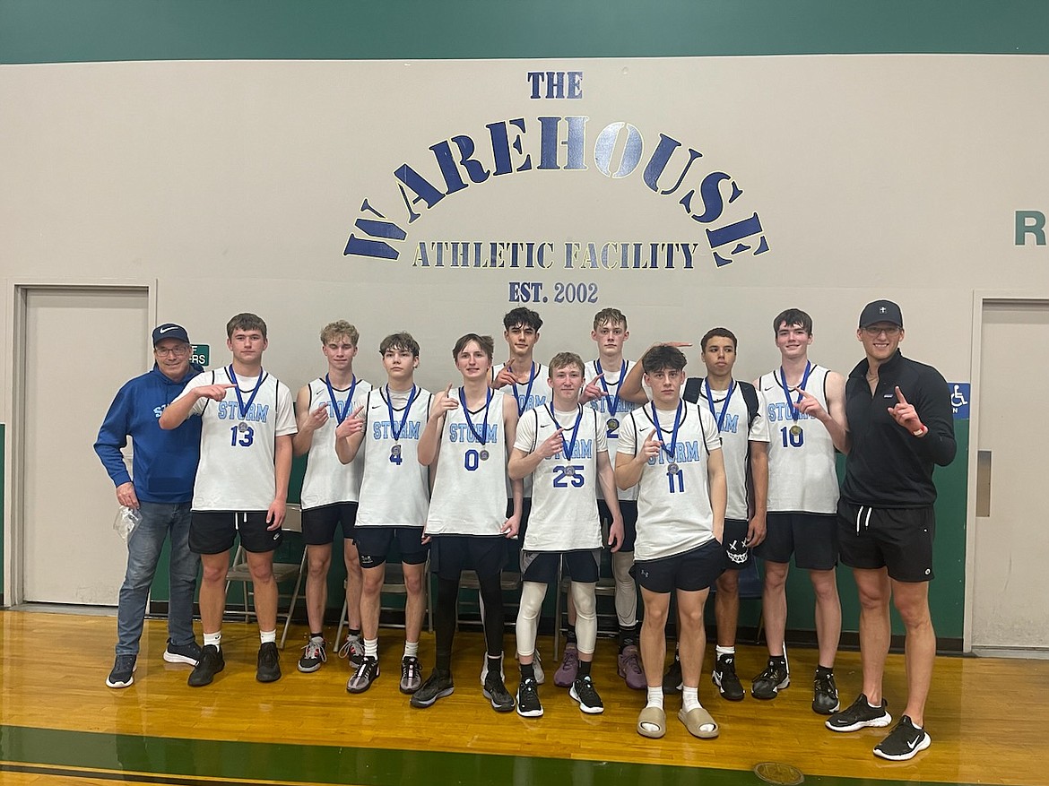 Courtesy photo
The North Idaho Storm 2025 varsity team went 5-0 to win the All Star division of the Stars Shootout held this past weekend at the Warehouse in Spokane. The Storm beat Knight Club 72-37, Catch Spokane Express 81-34 and Deer Park Bombers 56-22. In the semifinals the Storm beat NI Impact (Lake City) 47-36. In the championship game the Storm beat the Kendrick High School Tigers 56-50. From left are head coach Al Arnone, Peyton Hillman, Dominic Wilhelm, Mason Hensley, Zach Bell, Carter Kloos, Garrett Varner, Zach Cook, Evan Hensyel, Gabe Harris, Jaron Yager and assistant coach Garrett Swanson. Not pictured is Lovie Weil.