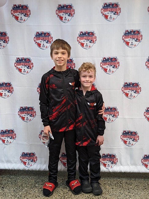 Courtesy photo
Avant Coeur Gymnastics Level 3s at the Region 2 Regional Championships in Everett, Wash. From left are Eric Newell and Jakob Clinton.