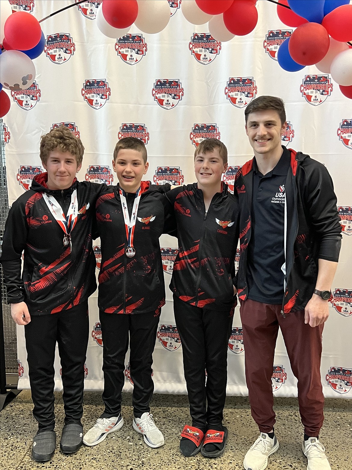 Courtesy photo
Avant Coeur Gymnastics Level 5s and 7s at the Region 2 Regional Championships in Everett, Wash. From left are Ricky Parker, Blaide Cotten, Carson Kenny and coach Matt Auerbach.