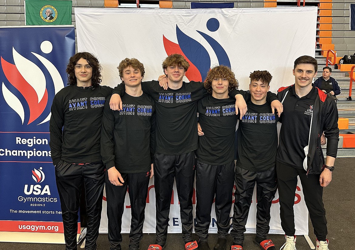 Courtesy photo
Avant Coeur Gymnastics Level 9s at the Region 2 Regional Championships in Everett, Wash. From left, Grayson McKlendin, Lance Mosher, Cayden Ptashkin, Conan Tapia, Felipe McAllister and coach Matt Auerbach.