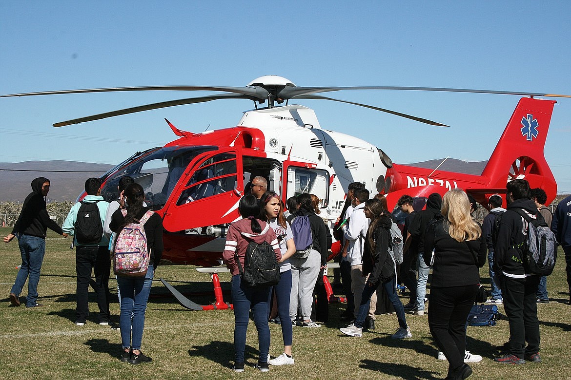 The air ambulance displayed during the 2022 Outdoor Career Fair at Wahluke High School drew a crowd of interested Wahluke School District students.