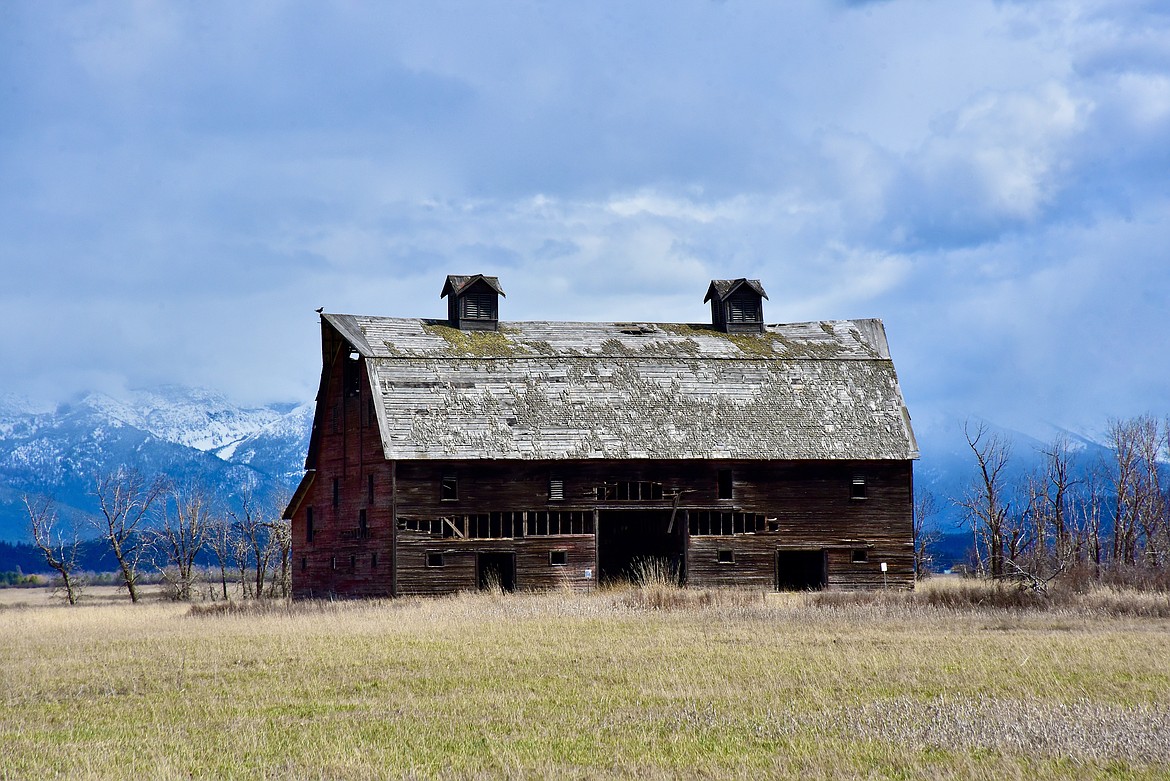 The sun highlights an old barn on the Blasdel Waterfowl Production Area in Lower Valley south of Kalispell on April 9. (Heidi Desch/Daily Inter Lake)