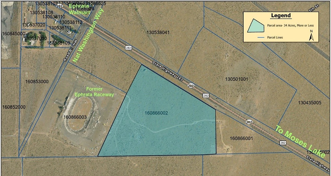 Grant County PUD commissioners approved the purchase of land, pictured in green, for a new maintenance and service facility near Ephrata.