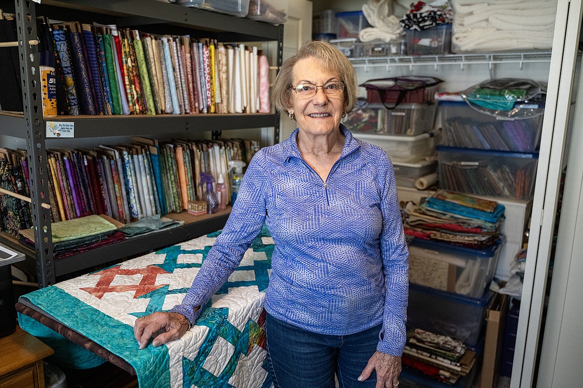 Teakettle Quilt Guild’s 2024 featured quilter Barbara Taylor in her work room on Thursday, April 4. (Avery Howe/Hungry Horse News)