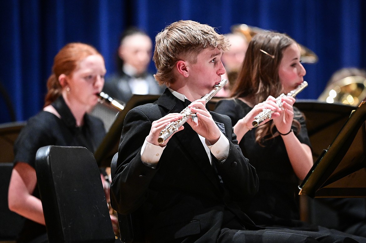 Members of the Glacier Concert Band perform Matt Conaway's "On the Banks," Jeremy Bell's "As the Last Light Fades," and Brian Balmage's "The Spirit of Aloha" at the District Music Festival at Glacier High School on Thursday, April 11. (Casey Kreider/Daily Inter Lake)