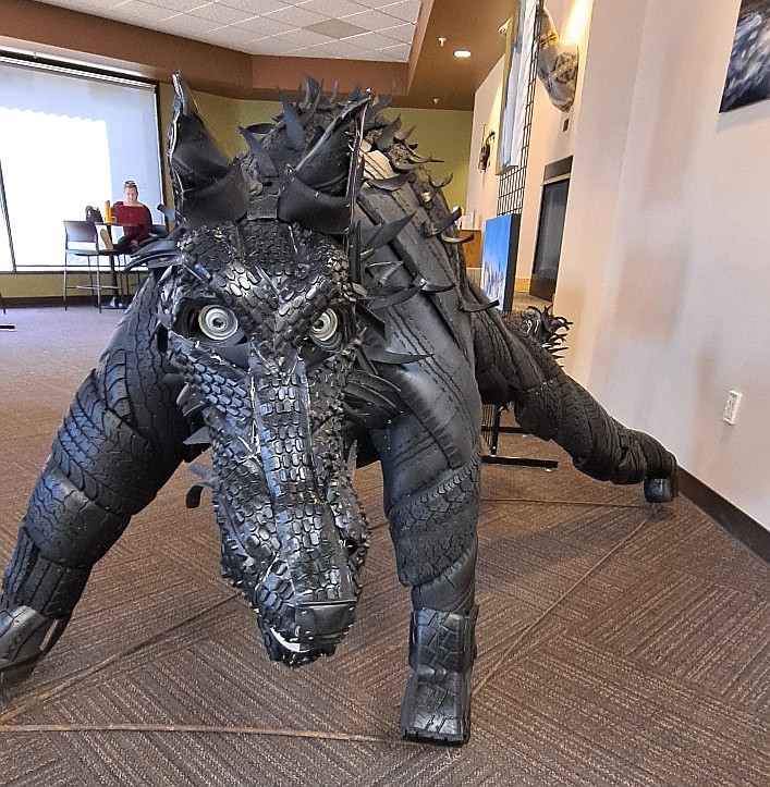 Aspiring Artist club member Matt Bowen created this wolf sculpture out of tires. The North Idaho College Aspiring Artists club and Photography Club's Spring 2024 Fine Art Show is on display in the Student Union Building through May 3. An artist's reception will be held at 4 p.m. Thursday.