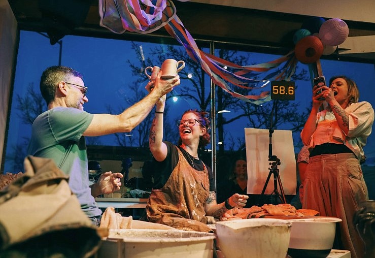 From left, local professional potters Chris Kelsey and Maya Rumsey and volunteer Tarin Leach participate in a past Ceramic Throw Down and Cup Frenzy at Emerge. This year's event starts at 5 tonight.