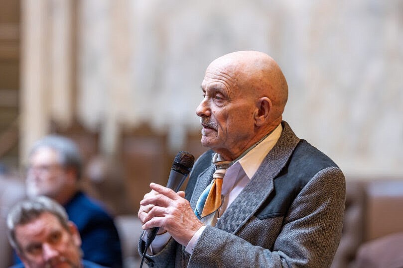 Rep. Tom Dent, R-Moses Lake, speaks at the Washington State Capitol Building in Olympia during the 2024 short legislative session.