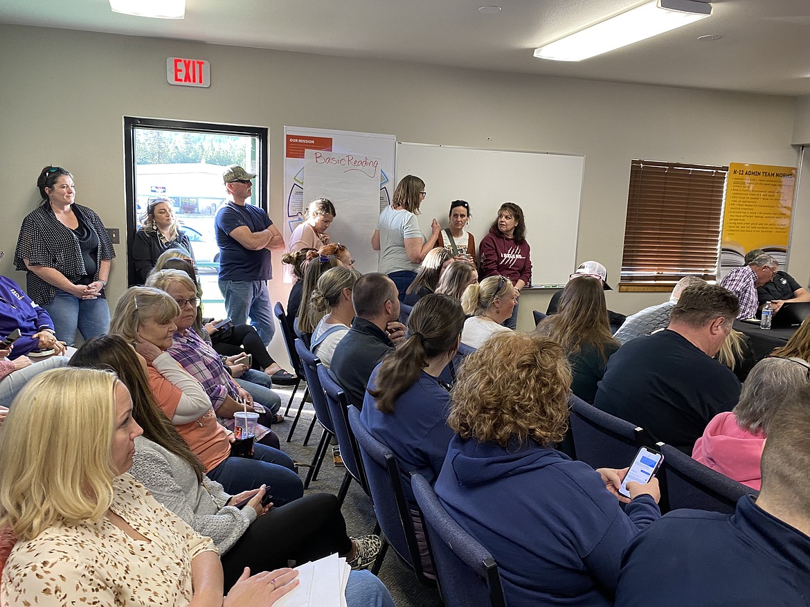 A packed room led to overflow of community members during the Lakeland Joint School District board meeting Wednesday night. Repeated headcounts were needed to keep room occupancy at the maximum for the space in the district office.