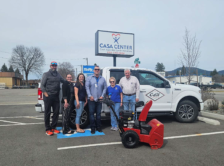 Coeur d'Alene Sunrise Rotary partnered with Coeur d'Alene Tractor to donate a snowblower to North Idaho CASA on Thursday. This snowblower will help keep the parking lots and walkways free of snow for their clients and
passersby. North Idaho CASA applied for a grant from Coeur d’Alene Sunrise Rotary. The grant requested $1,000 to purchase a snowblower to help with snow removal of their roughly 9,000-square-foot parking lot and almost 200 feet of community sidewalk that they maintain. Pictured from left: Matt Adams, Coeur d'Alene Tractor; Jessicca Rude, Sunrise Rotary; Taylor Luckey; North Idaho CASA; Peter Godderz, North Idaho CASA; Joanna Adams, Sunrise Rotary and Coeur d'Alene Tractor and John Adams, Coeur d'Alene Tractor.