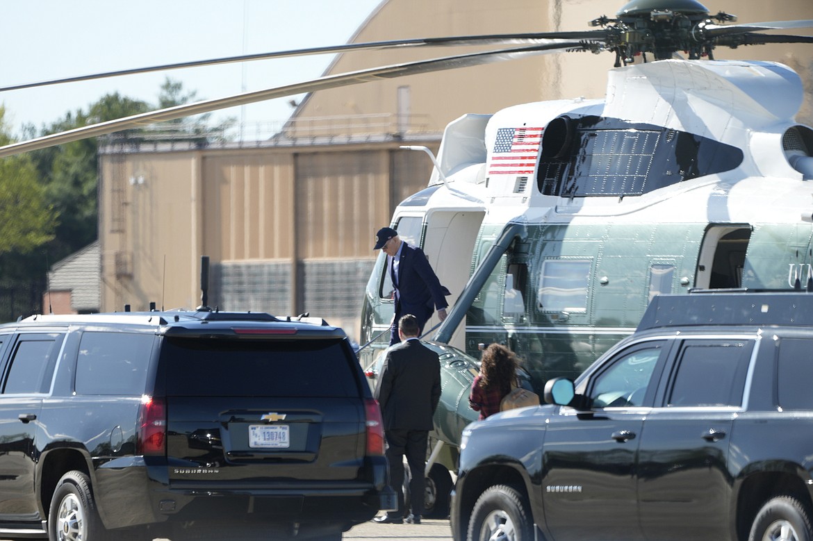 President Joe Biden arrives on Marine One at Andrews Air Force Base, Md., Saturday, April 13, 2024. (AP Photo/Pablo Martinez Monsivais)