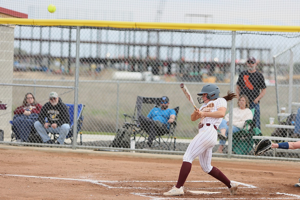 Moses Lake senior Raegen Hofheins records Moses Lake’s first hit of the game in the bottom of the first inning against Walla Walla. Hofheins had three hits and four RBI in the win.