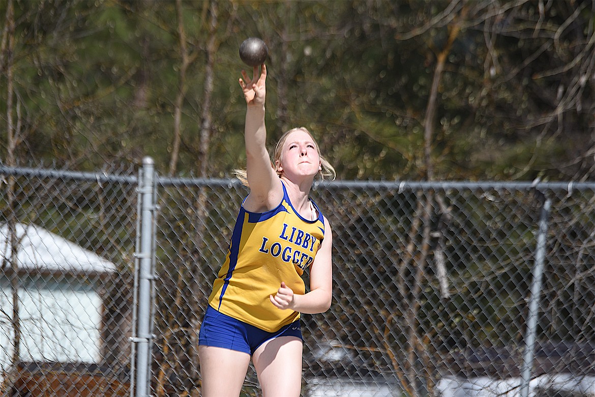 Libby's Sidnie Thompson competes in the shot put on Saturday, April 13, 2024 at the Libby Track and Field Invitational. (Scott Shindledecker/The Western News)