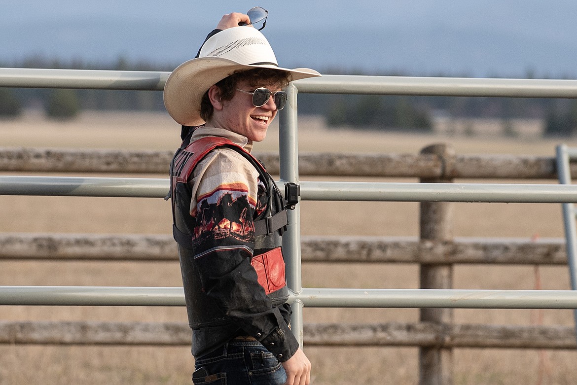 Korbin Baldwin works as a bullfighter during practices at Baldwin Bucking Bulls Friday, April 12. (Avery Howe photo)