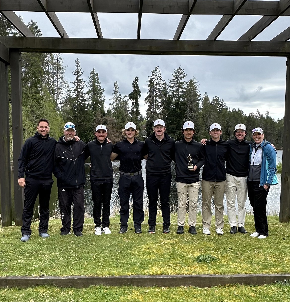 Courtesy photo
The North Idaho College men's golf team won the Olympic Invitational on Monday in Port Orchard, Wash. From left are head coach Russell Grove, volunteer coach Russ Grove, Dyson Lish, Ferdinand Le Grange, Quinn Abbott, Jarett Giles, Spence Matson, Josh McCartain and assistant coach Brittany Pounds.